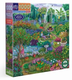 Vue en perspective de la boîte carrée du puzzle de 1000 pièces "Alchemist's Orchard" de la marque eeBoo Piece & Love. Le couvercle affiche l'illustration d'un verger magique très coloré, avec un chaudron, une serre et des jardiniers fantomatiques bleus. O